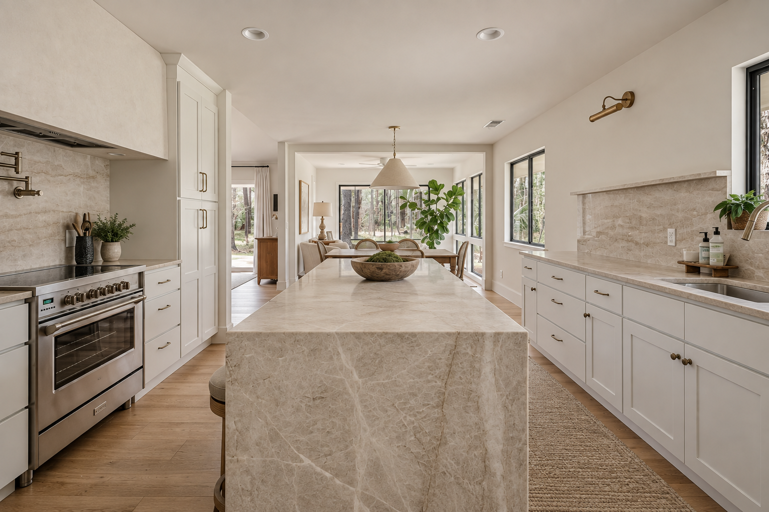 Modern kitchen with white cabinets, marble countertops, and a large marble island, adjacent to a dining area with natural light and trees visible outside.