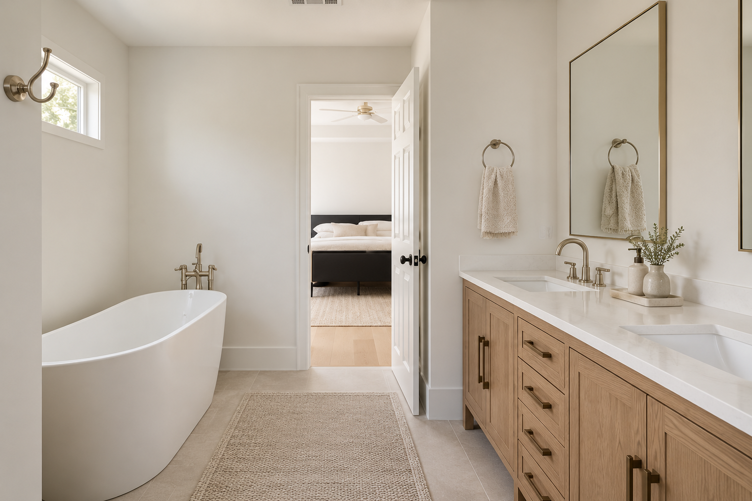 Modern bathroom with a free-standing bathtub, wooden vanity with dual sinks, large mirror, beige towels, and a view into a bedroom with a black bed frame and ceiling fan.