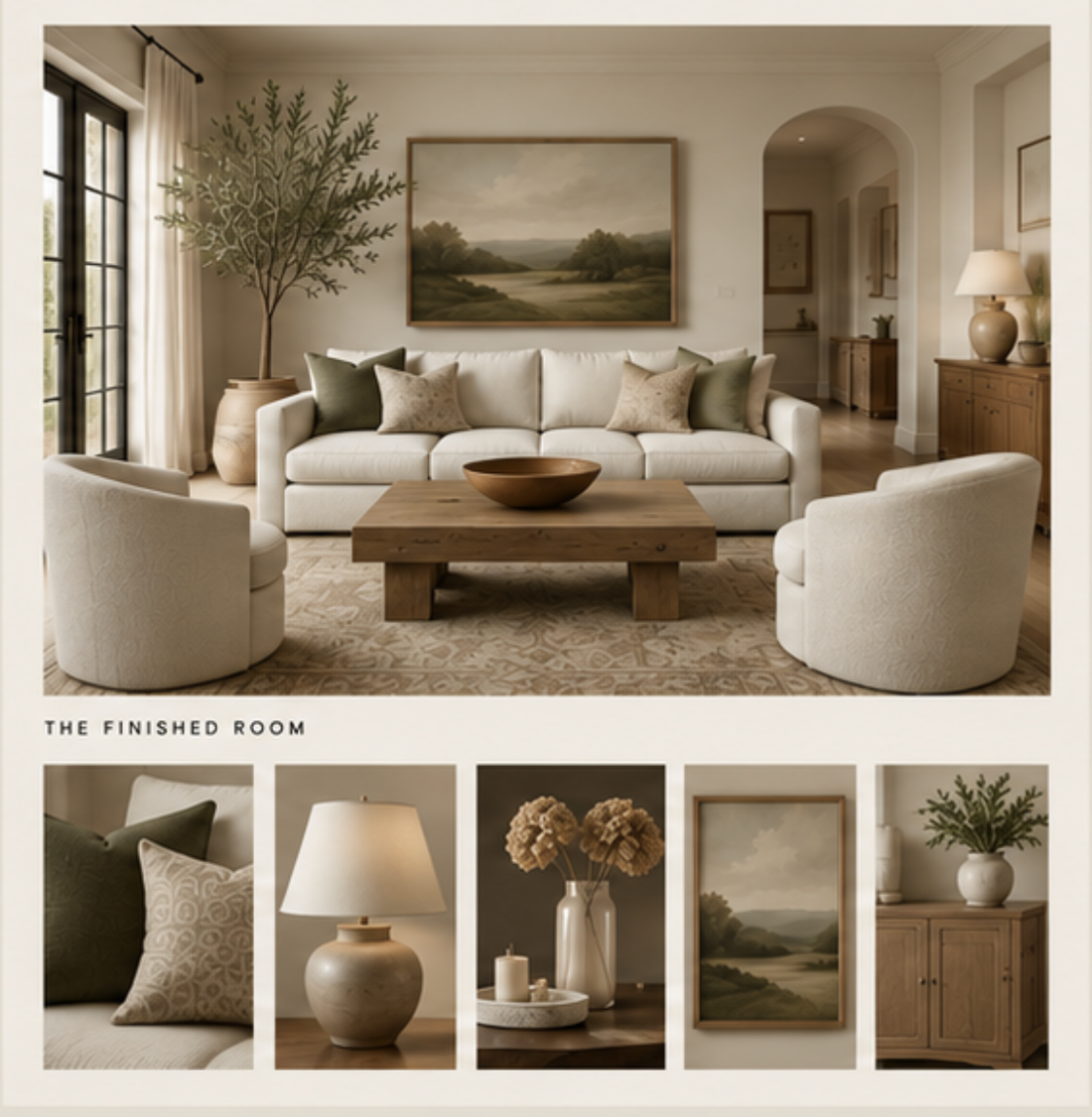 Living room with white sofa, two white armchairs, a wooden coffee table with a large wooden bowl, a potted tree, a landscape painting, and wooden sideboards with lamps and vases.
