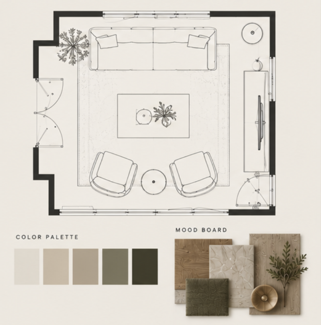 Floor plan of a living room with furniture arrangement, color palette with neutral and green tones, and mood board with wood, marble, and greenery accents.