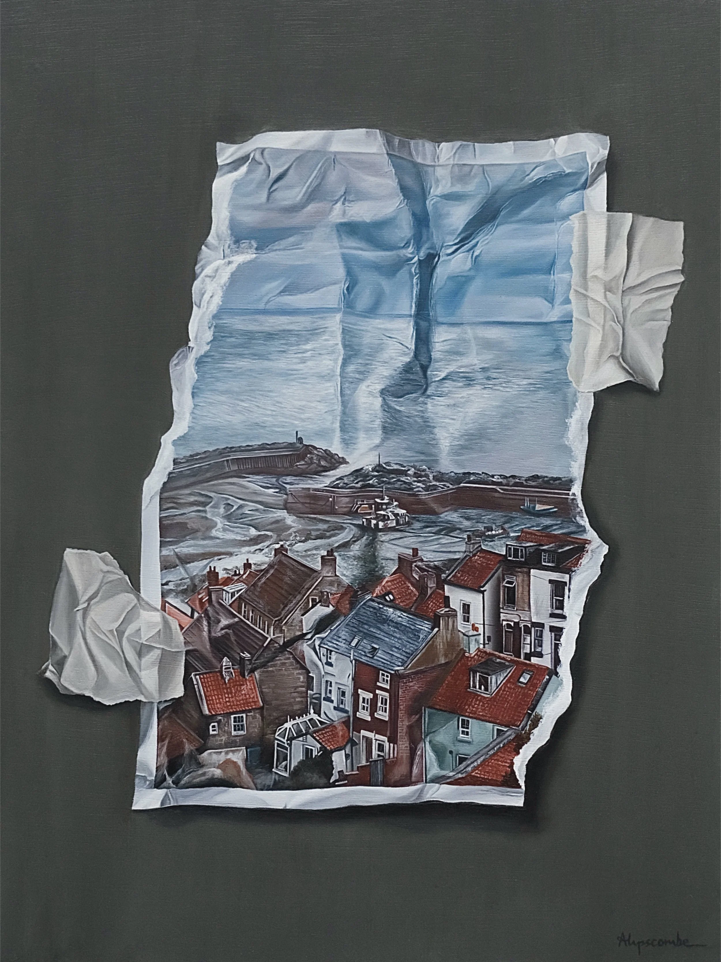 A trompe l'oeil painting of a crumpled photograph of a seaside village, featuring houses with red roofs and a harbour with boats.