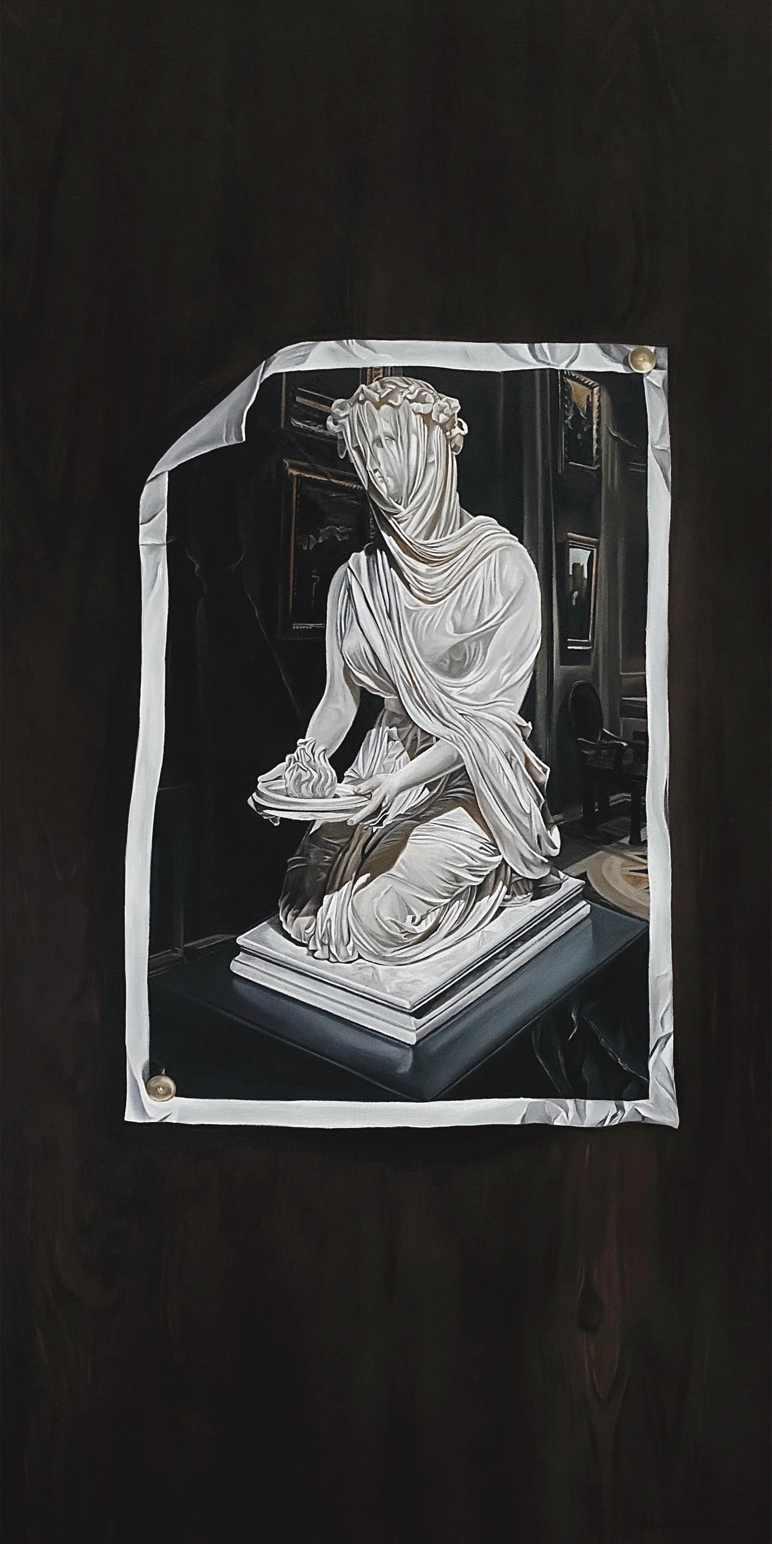 A trompe l'oeil painting of a crumpled photographed of a classical white marble statue of a kneeling woman holding a flame. Painted to look like the image is pinned to a dark wooden background.