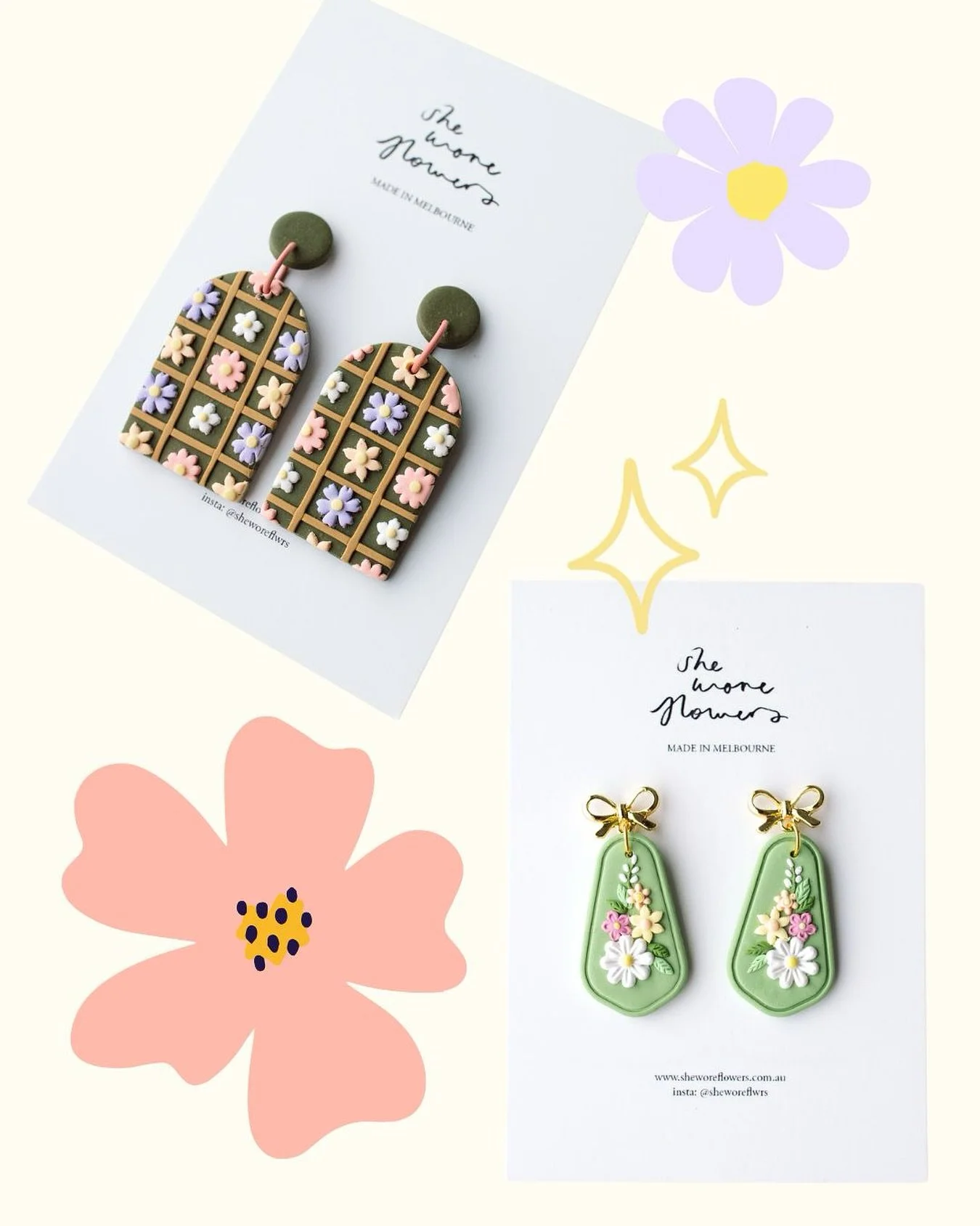 🌸 Two faves in the shop right now! Meet Fiora (the garden grid cuties) &amp; Faye (the sweetest bow-topped blooms).  Handmade with love, colour, and a little bit of magic ✨
Which team are you on: Fiora&rsquo;s pastel patchwork or Faye&rsquo;s floral