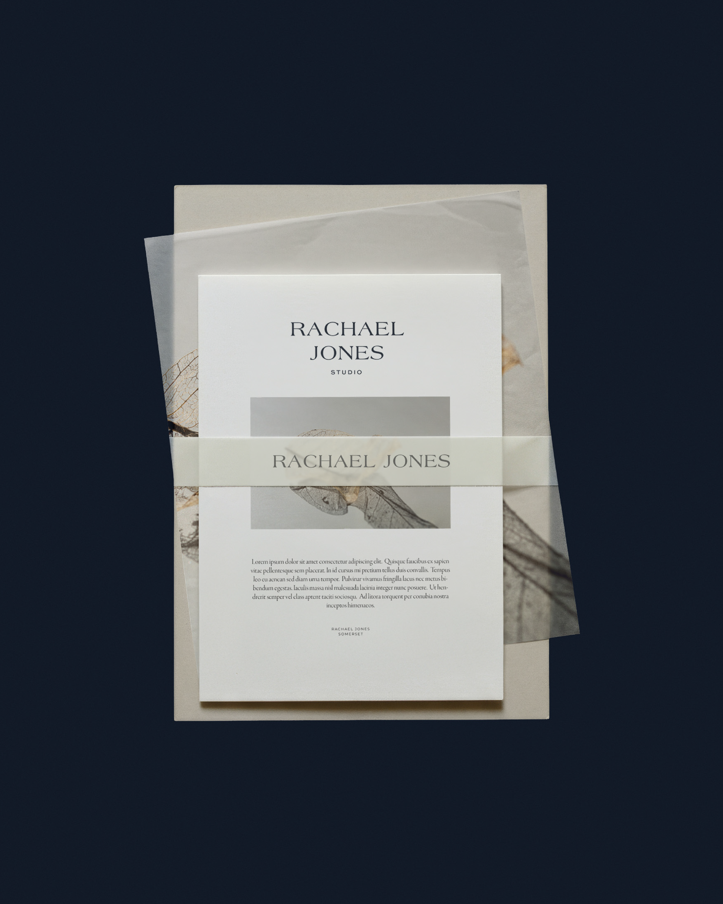 Stationery bundle mockup on dark background for Rachael Jones Studio