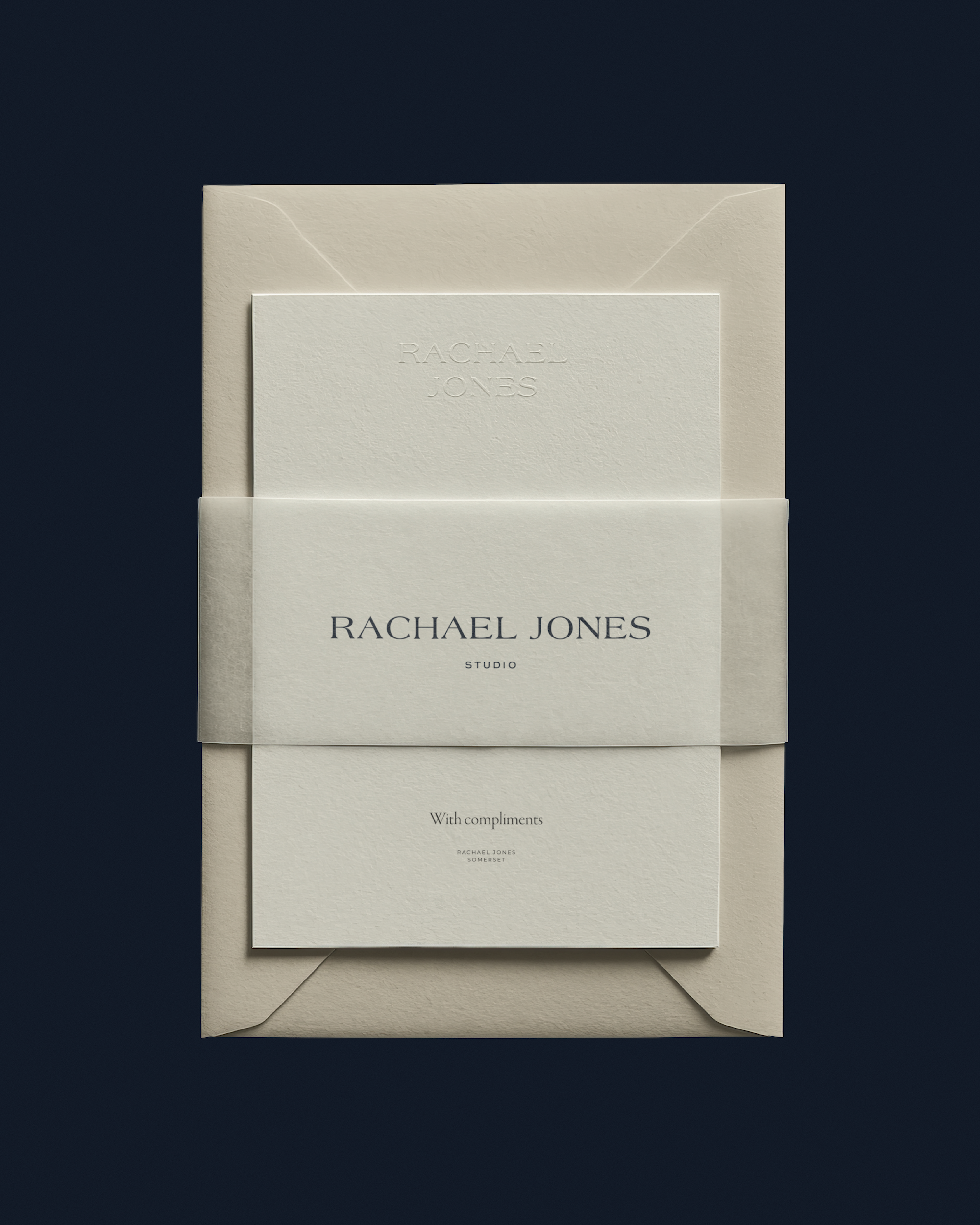 Stationery bundle mock up for Rachael Jones Studio on dark background