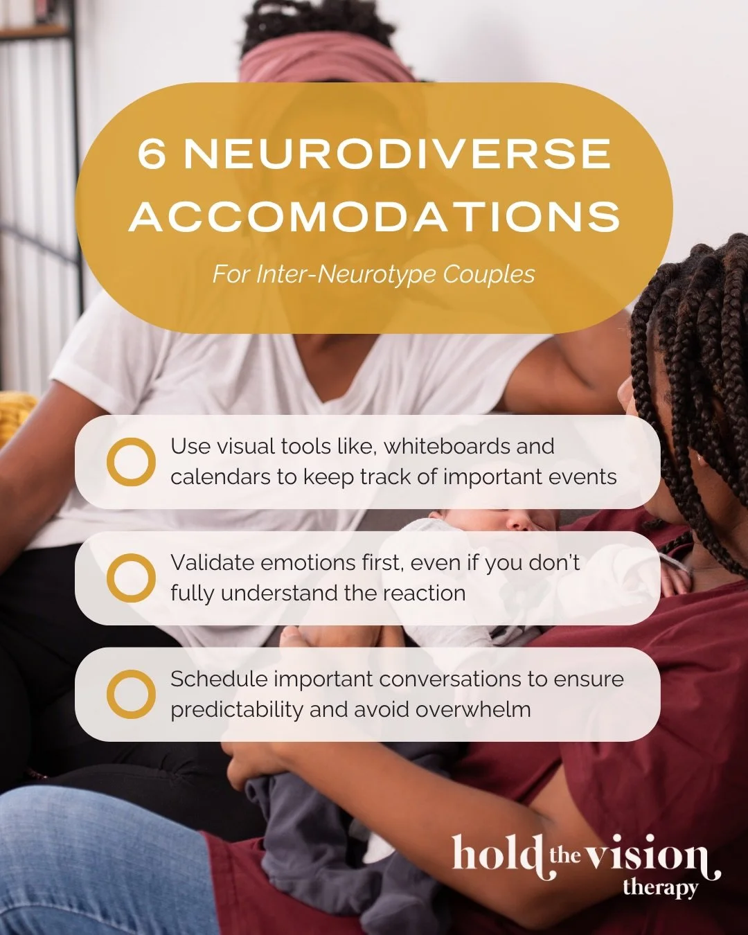 Because neurotypical (NT) partners are in a place of privilege, it&rsquo;s necessary for them to understand how their neurodivergent (ND) partner&rsquo;s brain works and work together on accommodations.
🌸 Accommodations aren&rsquo;t special treatmen