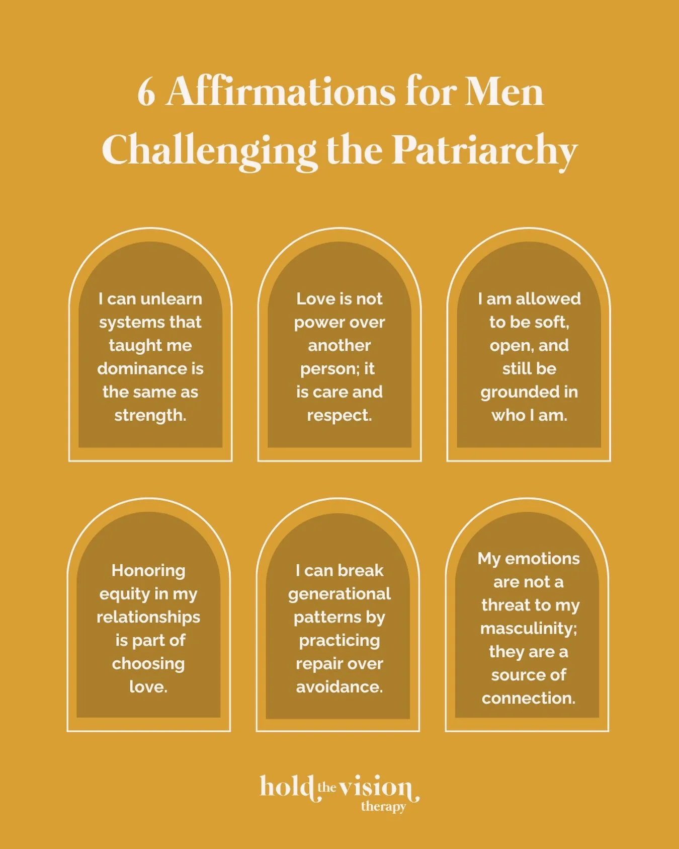 Patriarchy harms men because it disconnects them from vulnerability, relational care, and the full range of their humanity. 

🌱 These affirmations support men in challenging those inherited patterns and practicing new ways of being that center accou