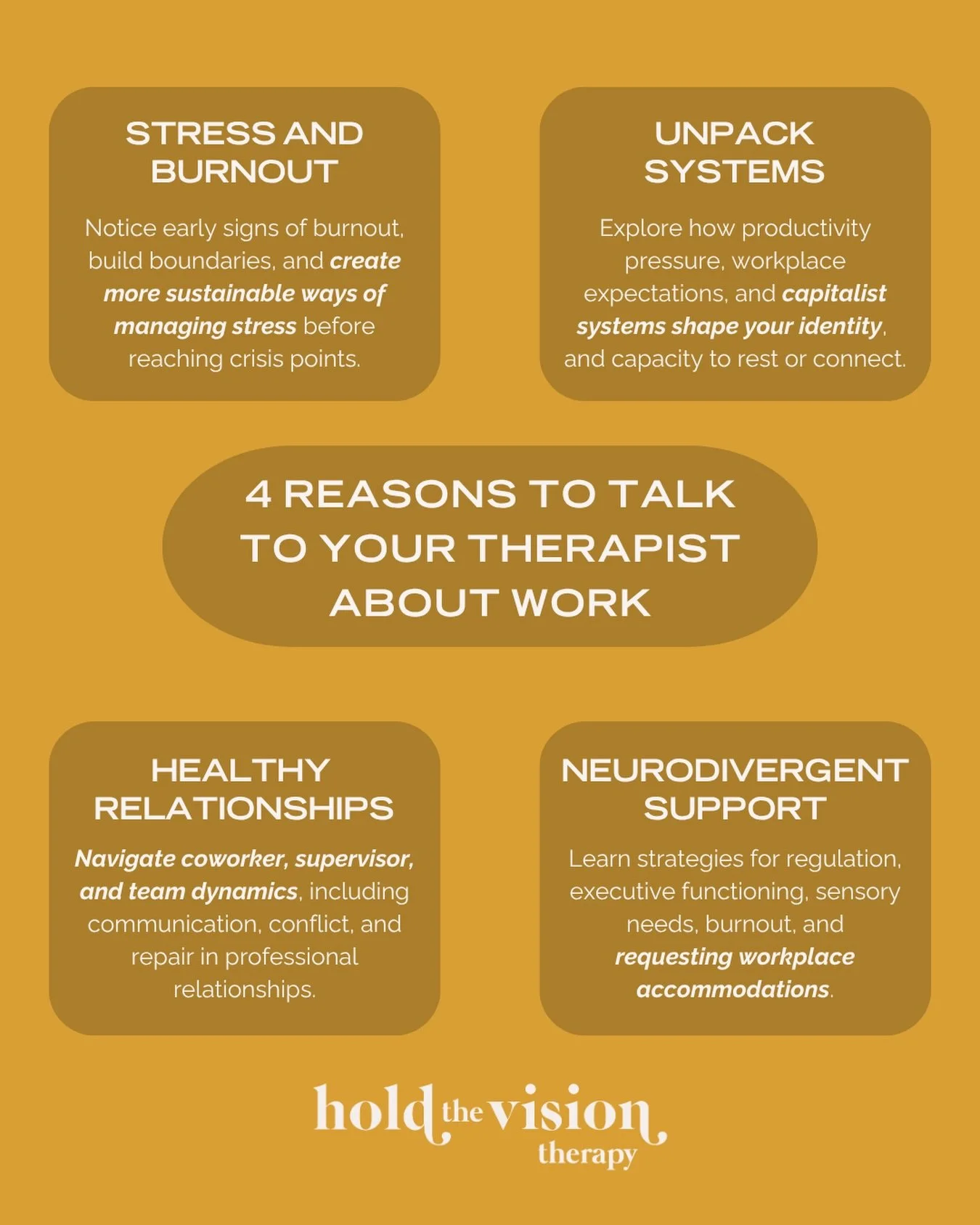 Work impacts more than your paycheck. 

🍃 Talking to your therapist about work can help you process stress, relational dynamics, and capitalistic dynamics in environments that often prioritize productivity over mental health.

🪴 This is especially 
