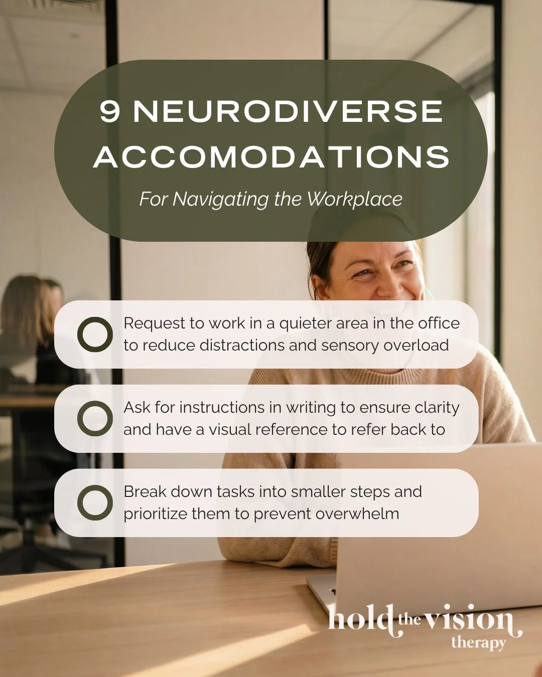 For many neurodivergent individuals, accommodations can make work more sustainable by supporting specific needs around communication, sensory input, and executive functioning.

🌱 While not every accommodation will be possible in every workplace, ide