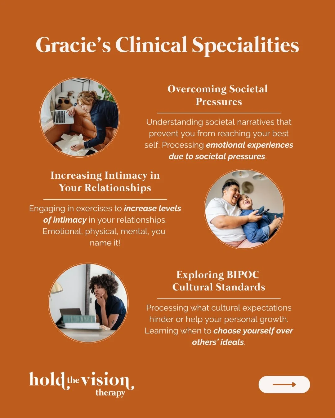 Gracie offers support and tools to help clients understand how societal and cultural expectations shape their relationship with themselves and others.

🌻 She helps clients navigate life transitions, make space for their own needs, move through grief