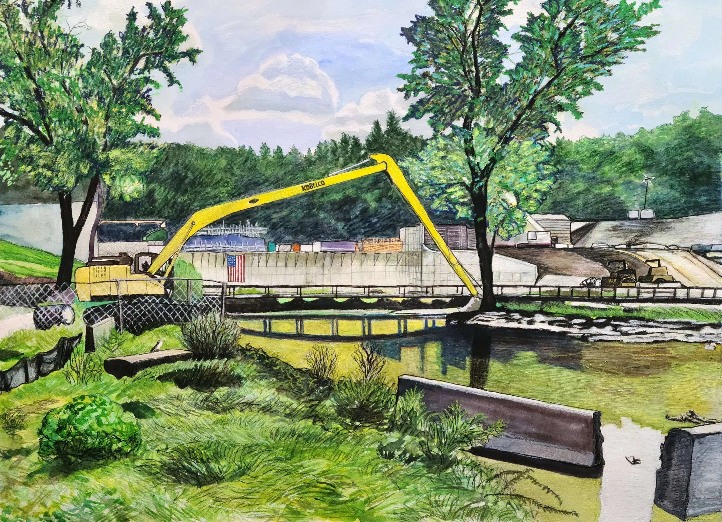 "Hinckley Lake Dam", 22" x 30", watercolor, pencil, and pastel on paper