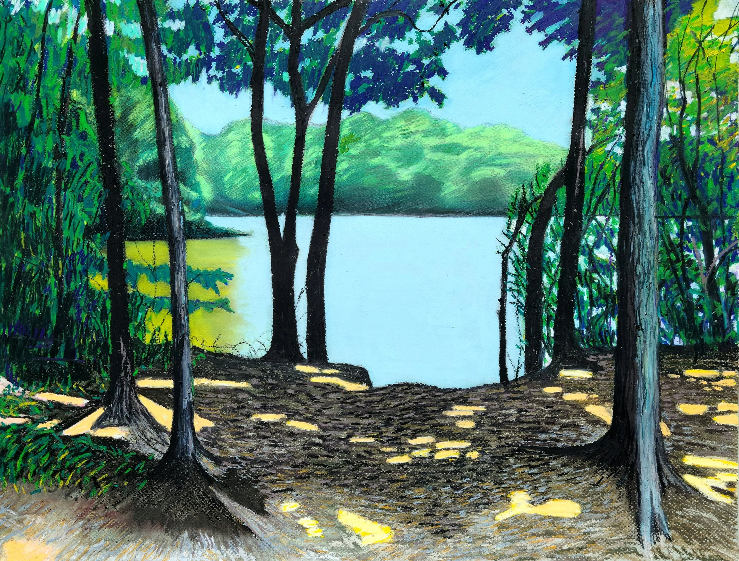 "Findlay Lake Sunlight", 22" x 30", soft pastel and oil pastel on paper