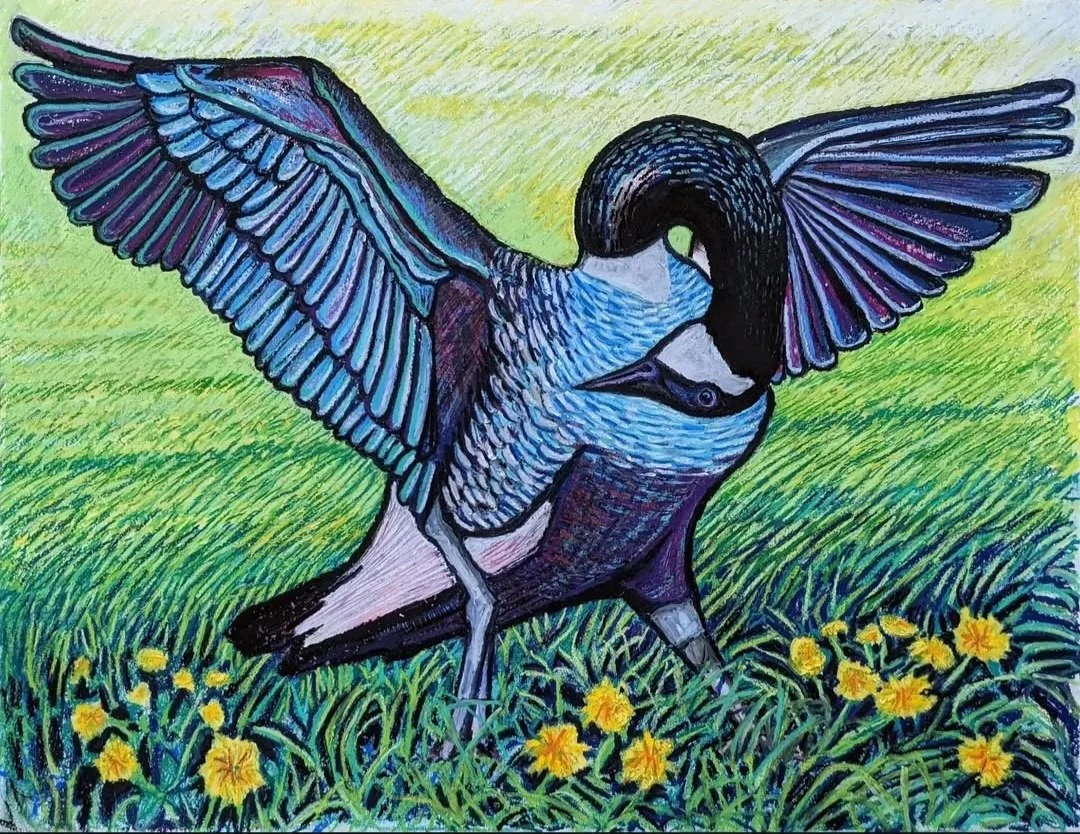"Goose with Dandelions (For Eva)", 18" x 24", pastels on paper