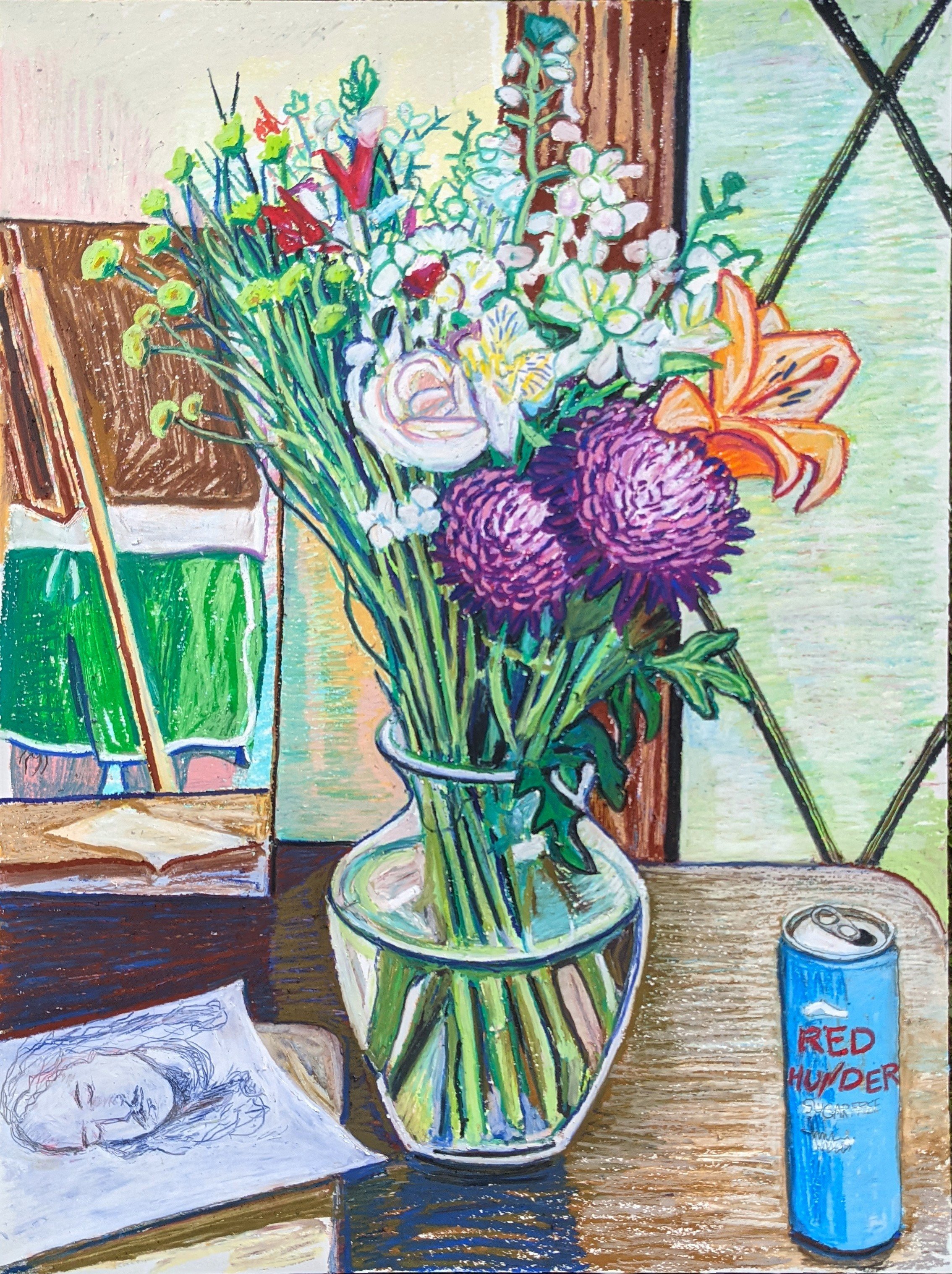 "Bouquet, Portrait, Self-Portrait, Sugar-Free Energy Drink", 18" x 24", oil pastel on paper