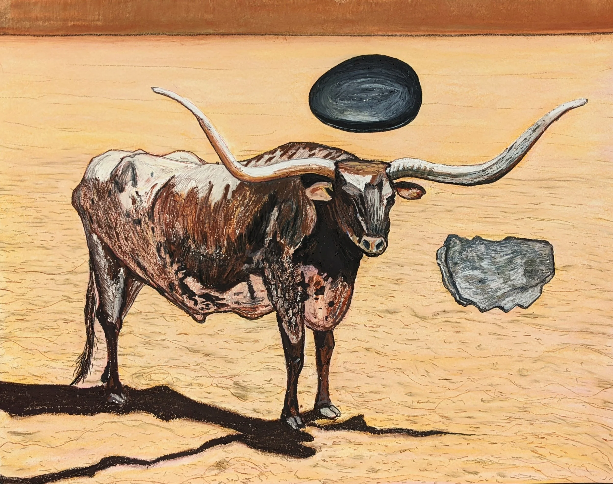 "A Bull, Georgia O'Keeffe's Perfect Black Rock, and One of Two Spiral Jetty Rocks", 18" x 24", 2022