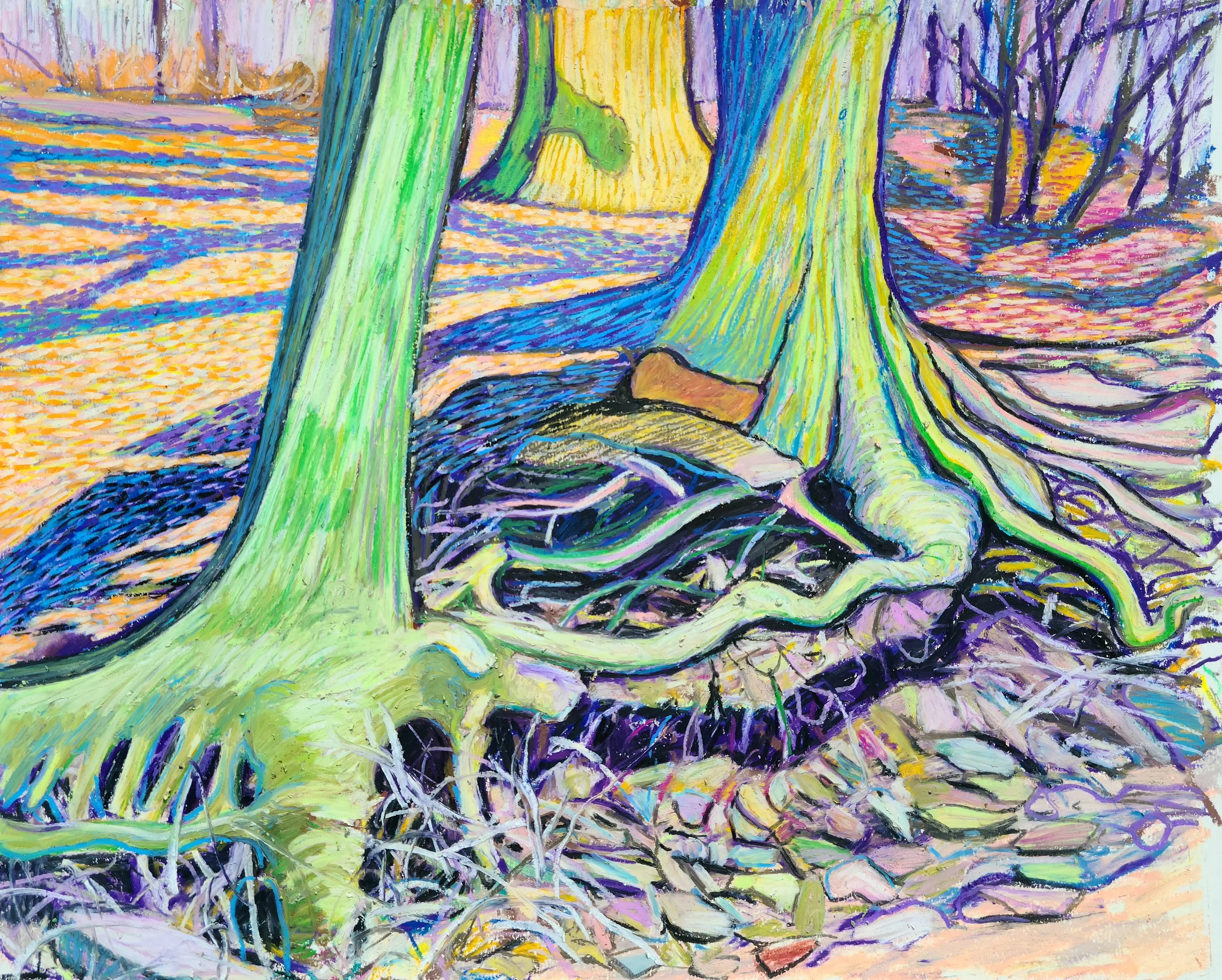 "Trees, Roots, Rocks", 16" x 20", oil pastel