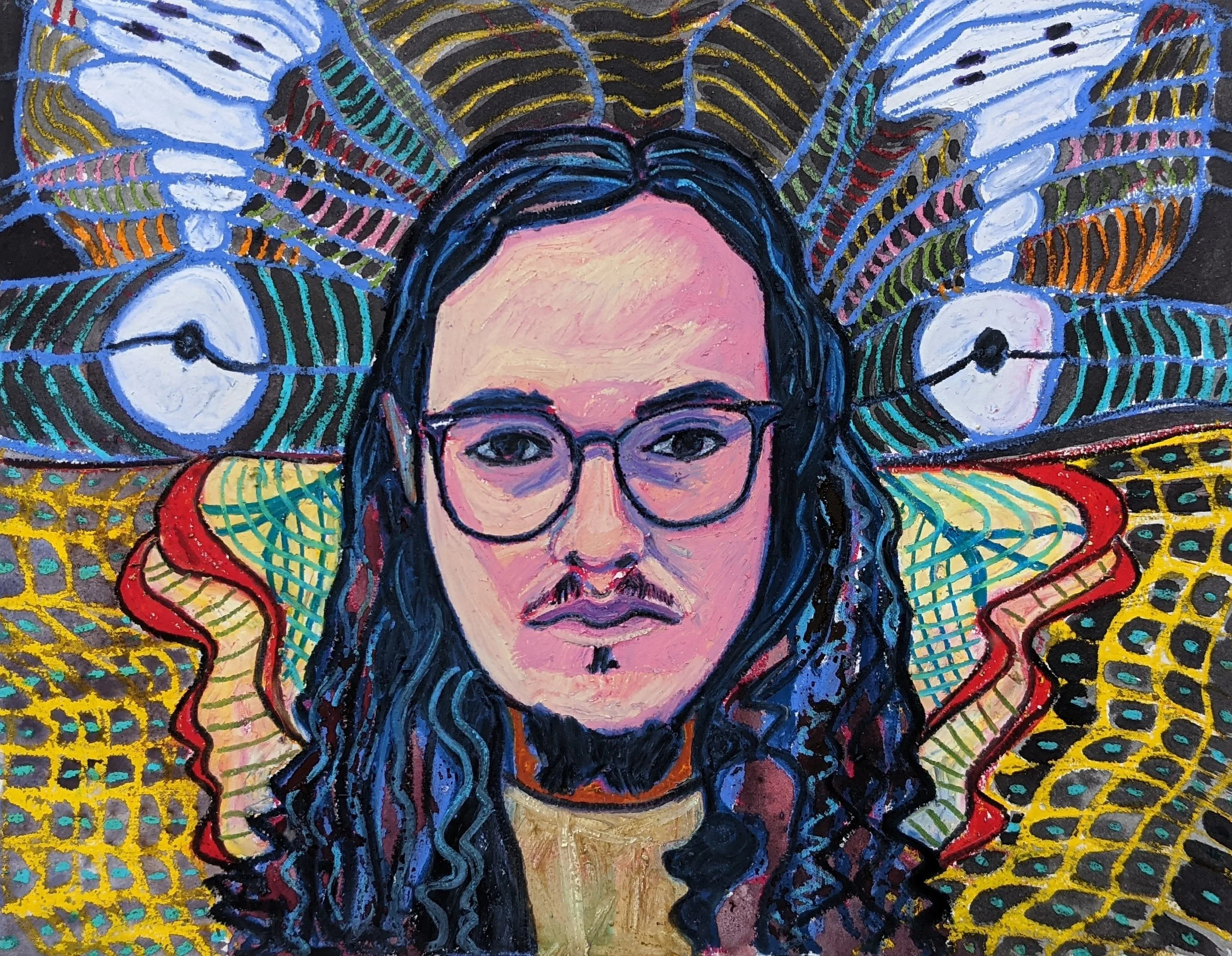 "Anxious Social Butterfly", 12" x 16", oil pastel and ink on paper