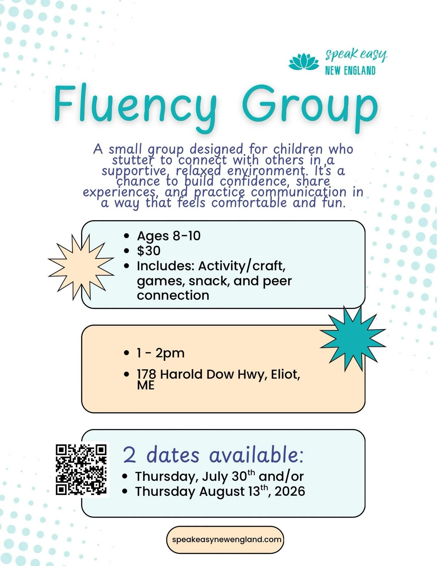 Another group offering this summer!

This is for kids who stutter, ages 8-10, who want to meet other kids who stutter too. The meeting will be focused on fun and connection, and I&rsquo;ll provide games and snacks 🎯🍿

DM me to get more info or sign