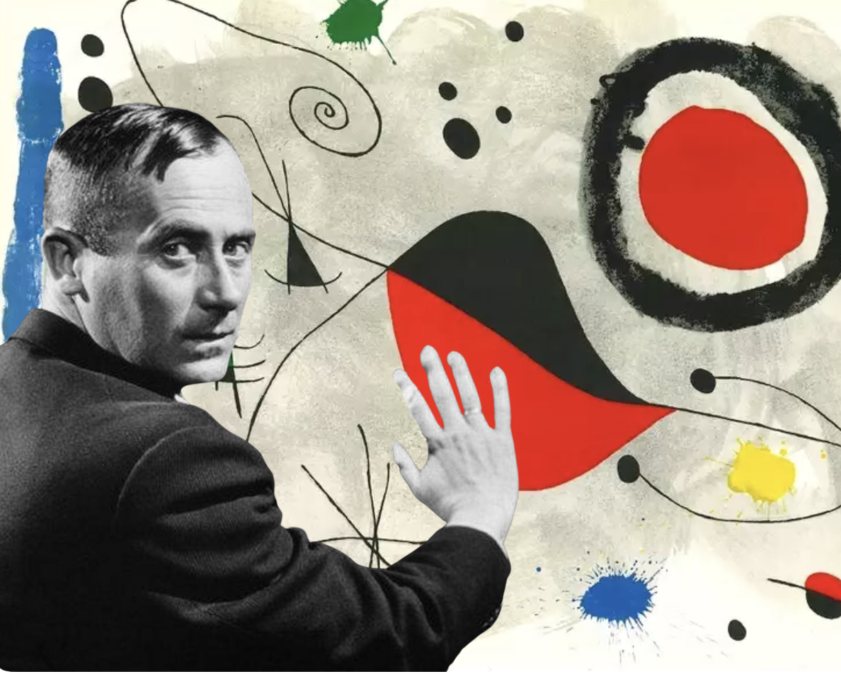 Abstract painting with various inkblot and geometric shapes, including circles, lines, and splatters in black, red, blue, and yellow, on a beige background.