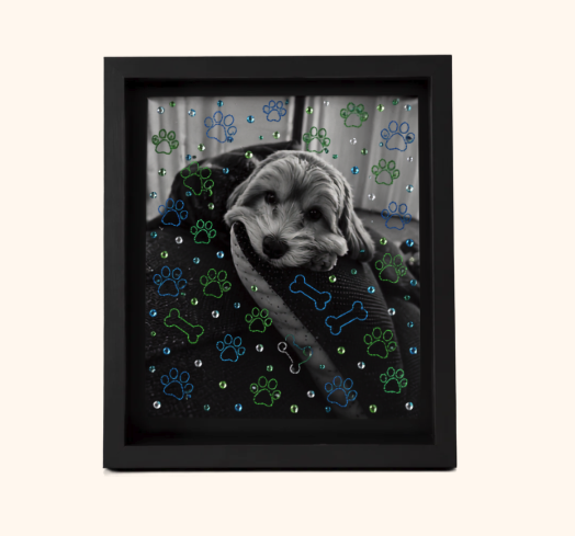 A framed photo of a puppy surrounded by colorful paw prints and bone patterns.