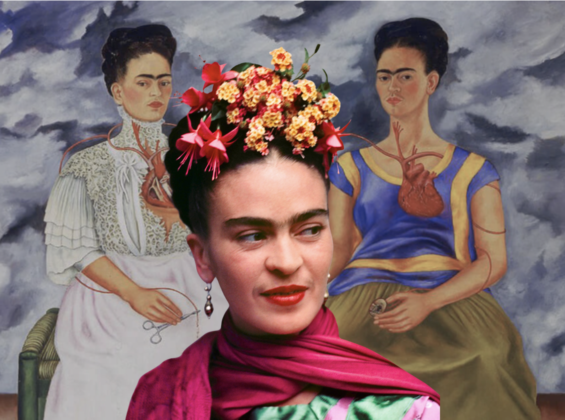 A portrait of a woman with dark hair styled with pink highlights and a headpiece made of white butterflies. She has a serious expression, with large eyebrows and peach cheeks. The background features large green leaves and insects. She is wearing a white top with an intricate necklace made of twigs and a hummingbird pendant. Two animals, a black cat and a small monkey, are positioned behind her.