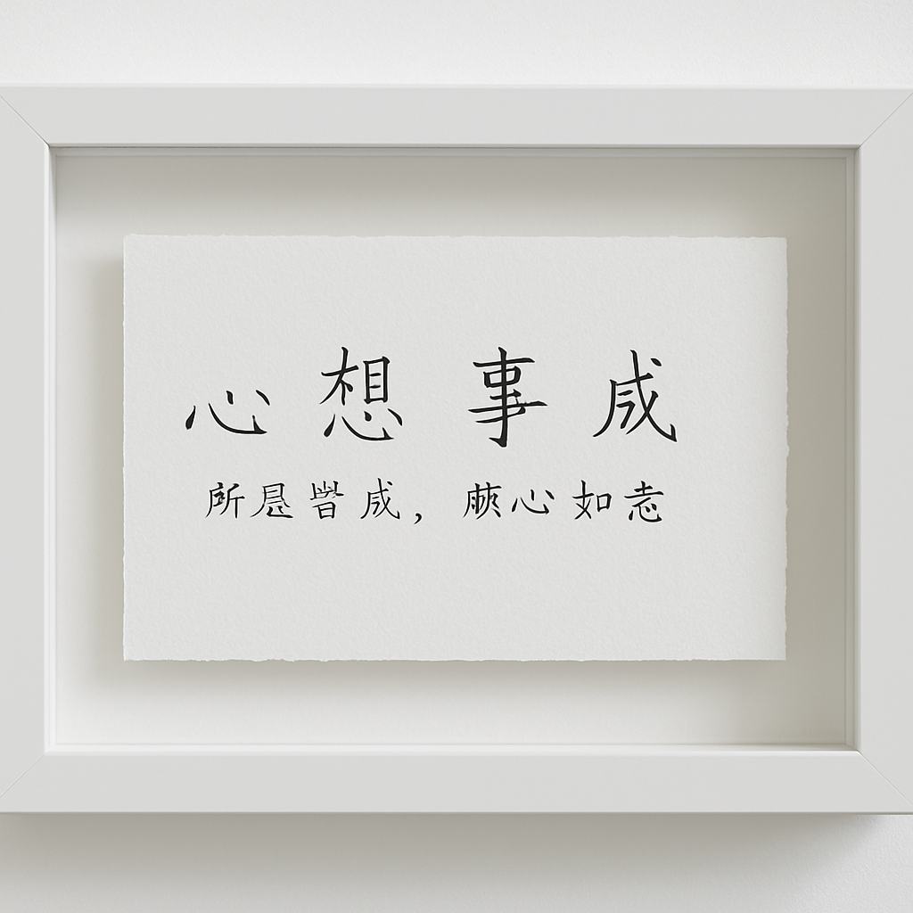Framed white paper with Chinese calligraphy on a white background.