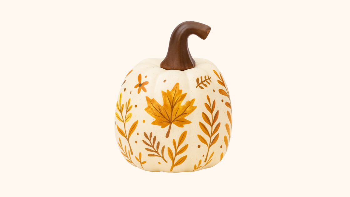 Decorative pumpkin with painted autumn leaves and a brown stem