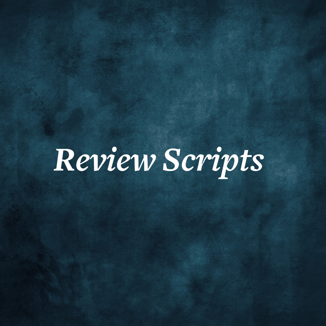 Dark blue textured background with the text 'Review Scripts' in white, italic font.