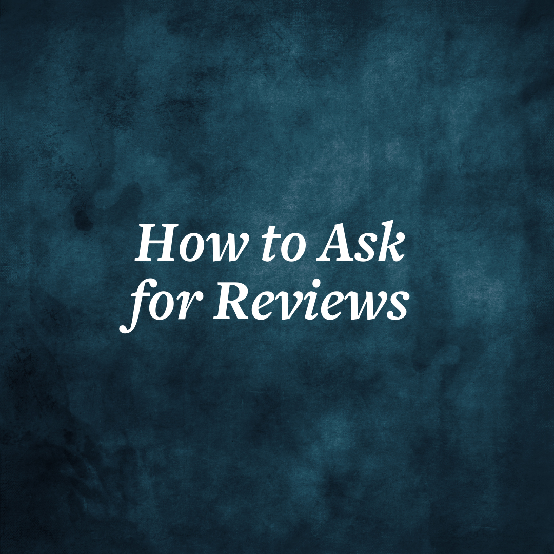 Text "How to Ask for Reviews" on a textured blue background.