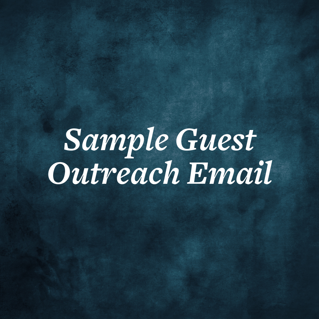 Text "Sample Guest Outreach Email" on a dark textured background.