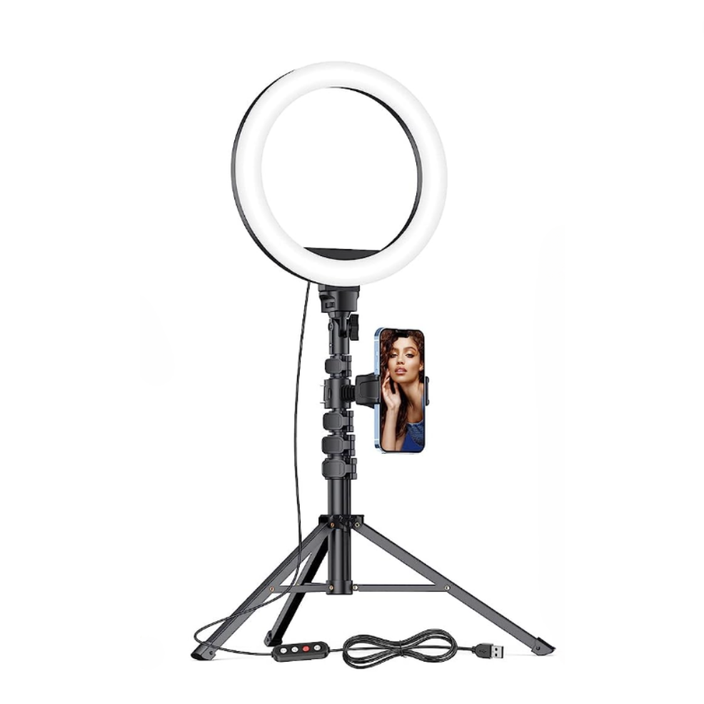 Ring light with adjustable tripod, smartphone holder, and USB connection.