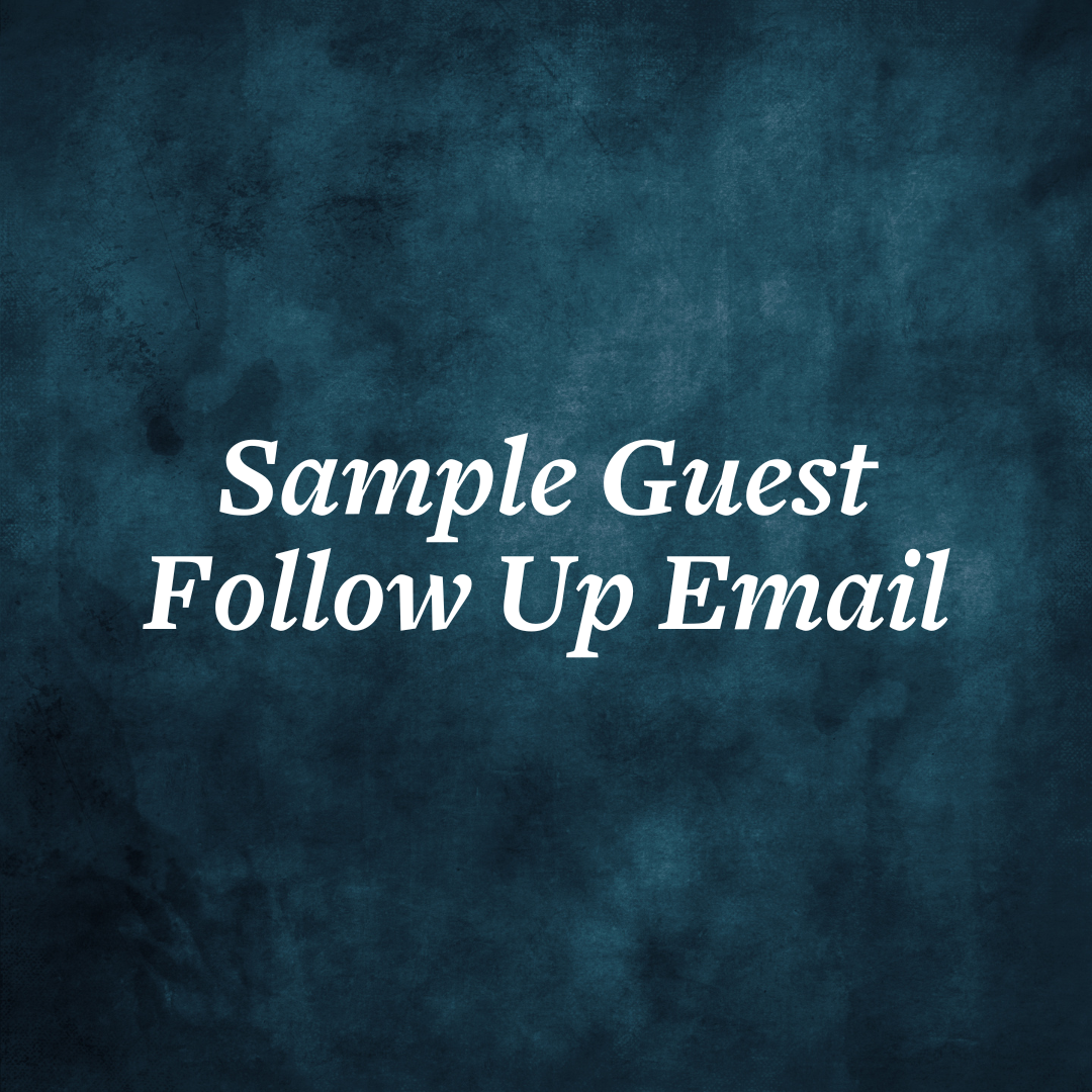 Text on a textured blue background reads 'Sample Guest Follow Up Email.'