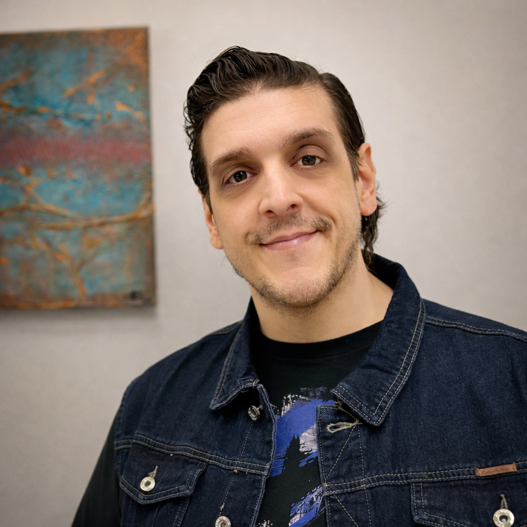 A dark-haired man in a black shirt looks at the viewer 