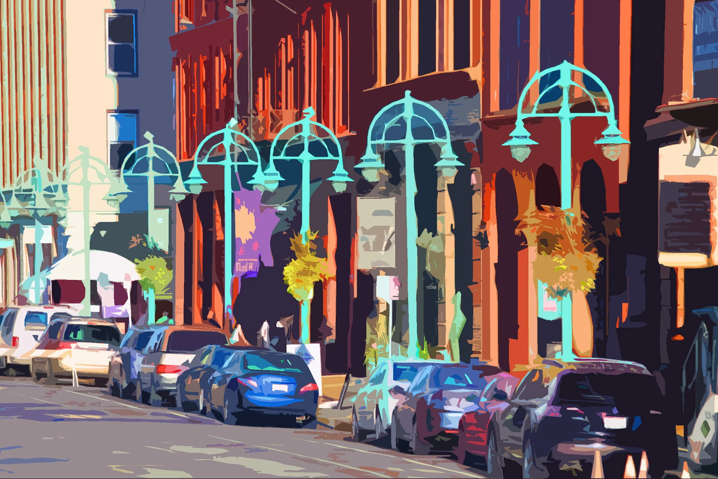 City street with parked cars, colorful streetlamps, and modern buildings lining the sidewalk.