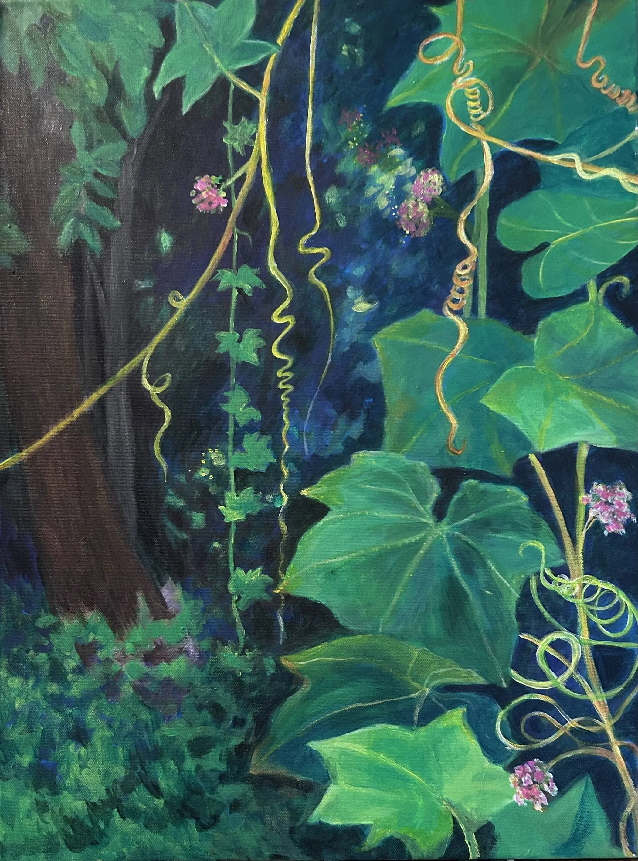 Painting of a lush forest scene with large green leaves, twisting vines, and pink flowers, with a dark background.
