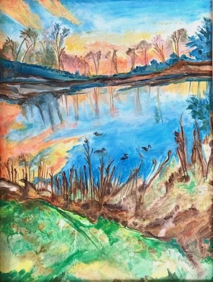 Watercolor painting of a serene lakeside scene with trees, a calm lake reflecting the sky, and birds flying over the water, set during sunset or sunrise.