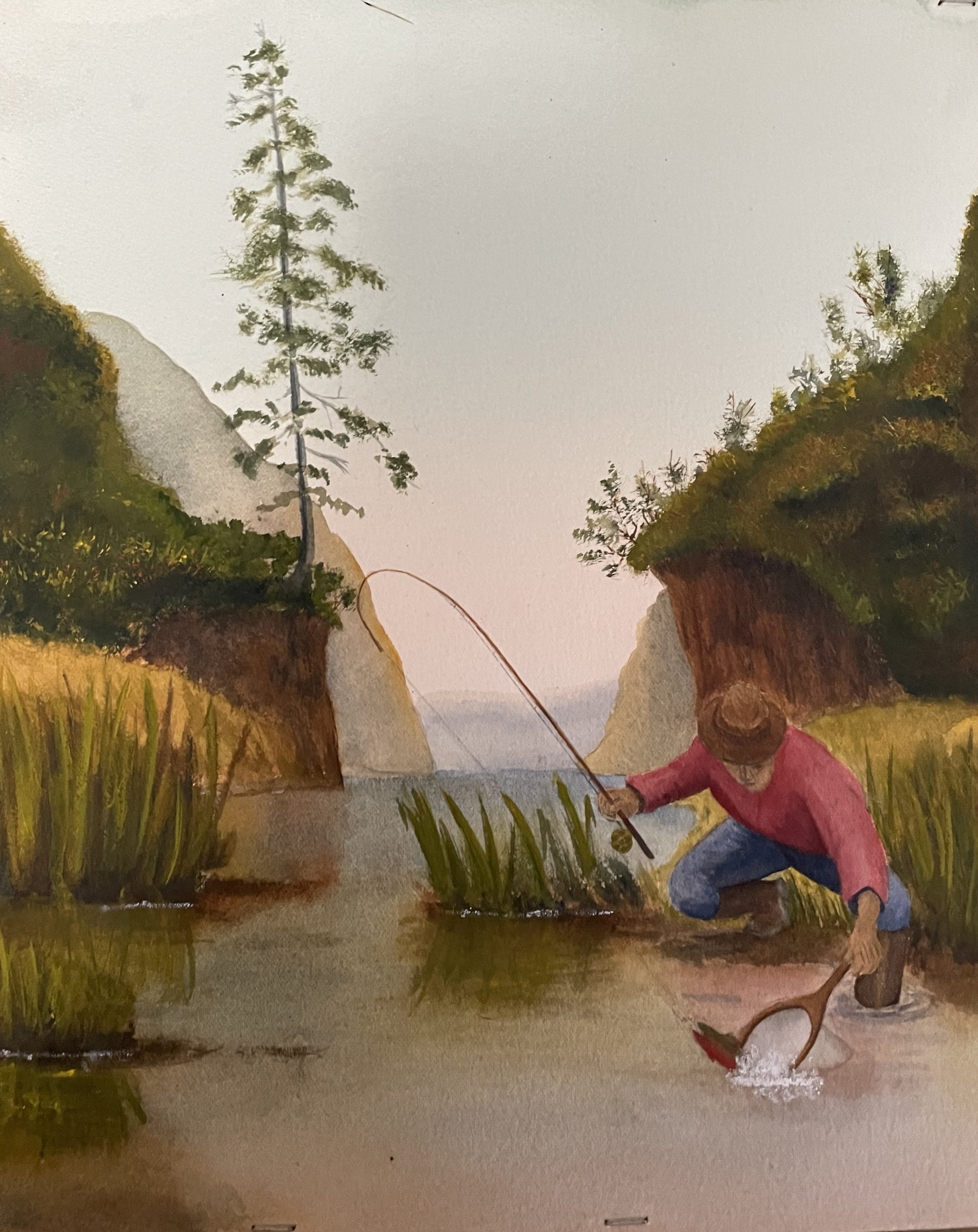 A person crouched by a stream fishing with a rod and net, surrounded by lush greenery and hills, with water, trees, and a distant horizon.