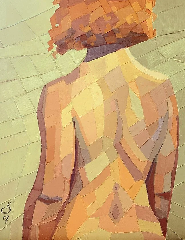 Painting of a woman with short, curly red hair, shown from behind, with a focus on her upper back and shoulders, rendered in an abstract, cubist style using warm tones.