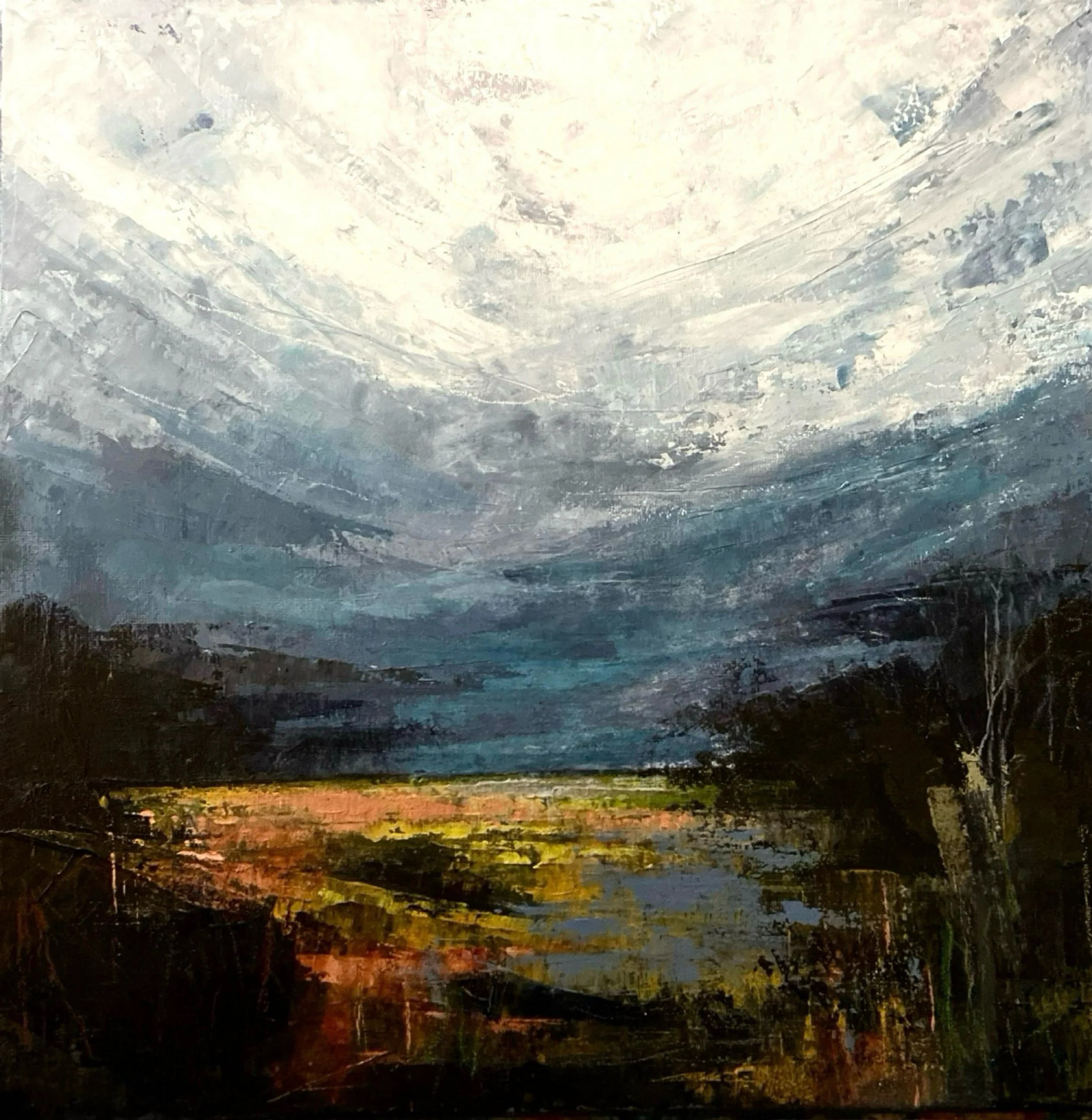 An abstract painting of a landscape with a cloudy sky, dark trees on either side, and a yellowish field with water in the foreground.