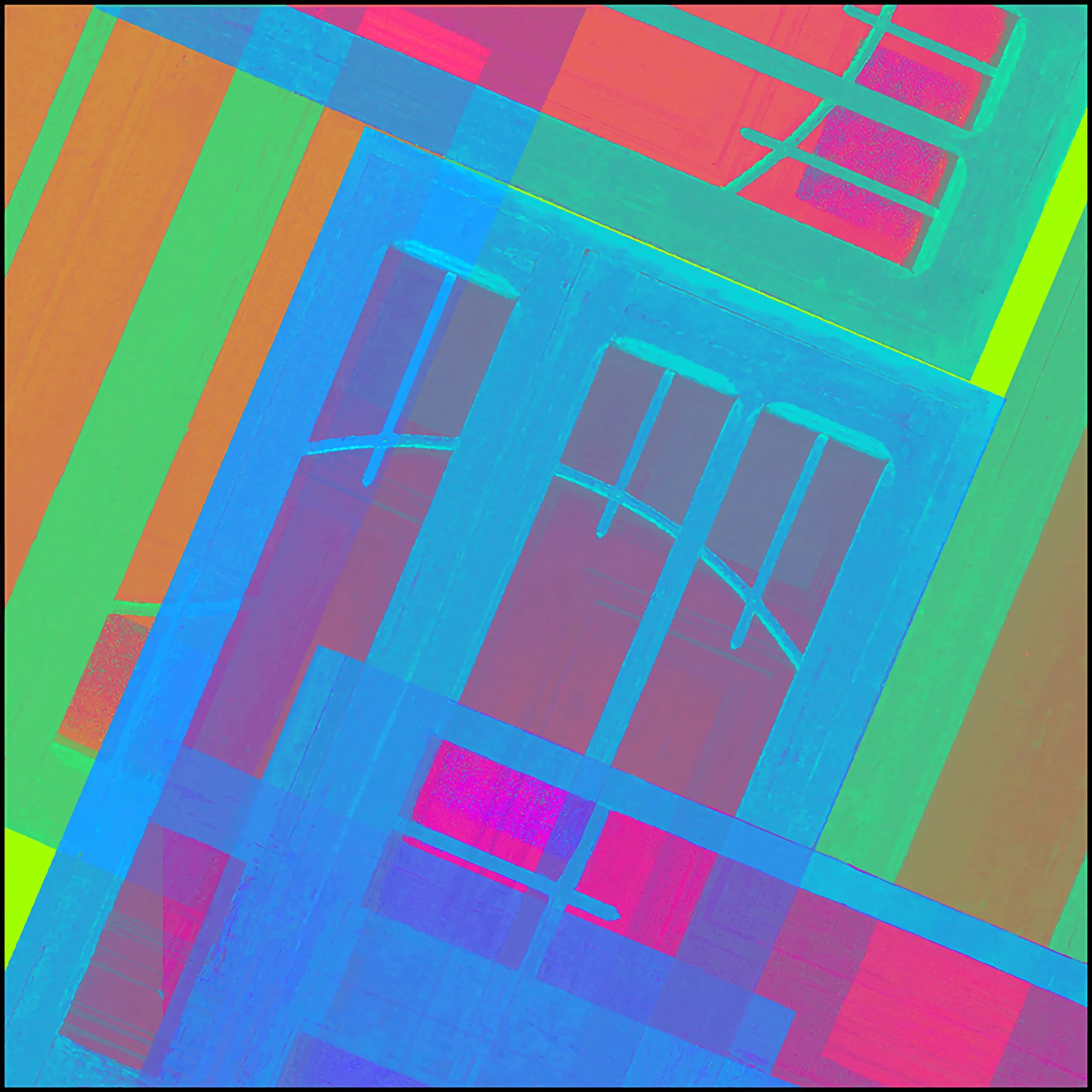 Colorful abstract digital art depicting a geometric window with multiple panes, overlapping shapes, and vibrant hues of blue, green, pink, red, orange, and purple.