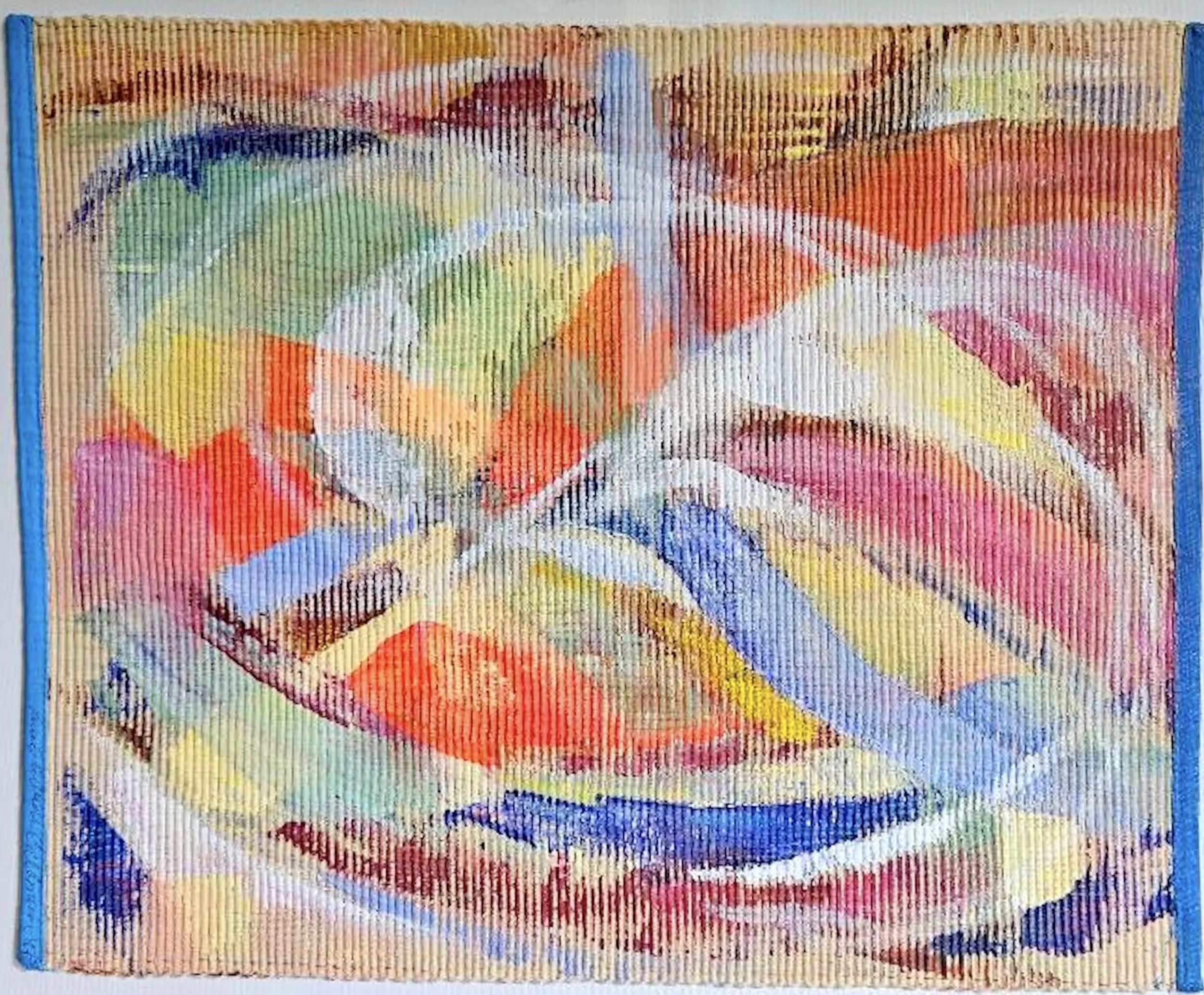 An abstract painting with vibrant colors and flowing shapes, framed with a blue border.
