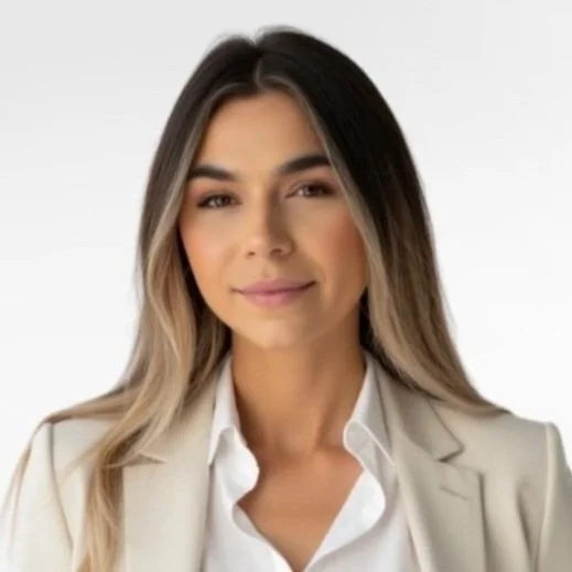 A woman with blond and brown hair wearing a white collard shirt with a beige blazer on top.