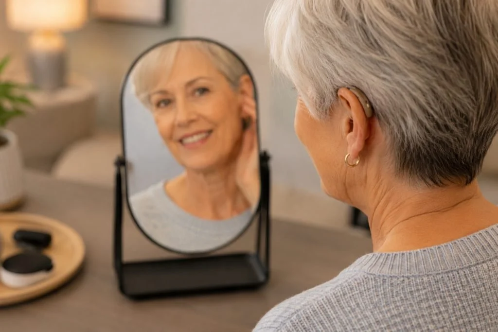 Older woman with short gray hair smiles at her reflection in a mirror while sitting at a table at home.