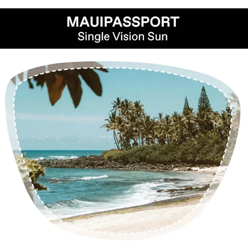 A tropical beach scene with palm trees and blue ocean, viewed through Prescription Sunglasses labeled MAUIPASSPORT Single Vision Sun.