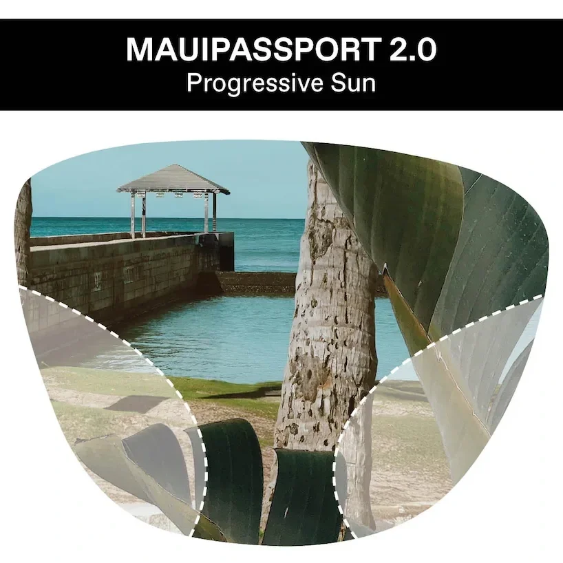 Tropical beach scene through prescription sunglasses, featuring a pier, ocean, and palm trees visible through the lens.