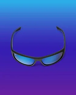A pair of black sunglasses with blue-tinted lenses against a blue gradient background.