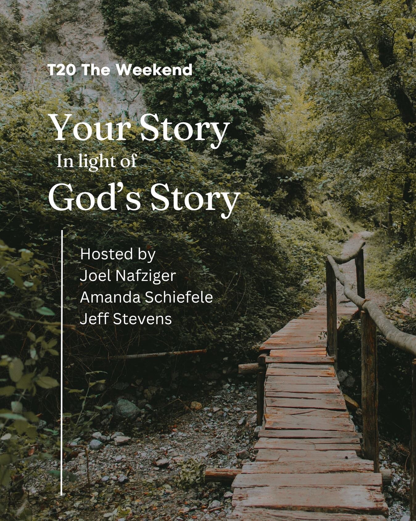 We&rsquo;re excited to hear from Joel, Amanda, and Jeff at T20&rsquo;s The Weekend. They will be leading us through our focus point for The Weekend, &lsquo;Your Story in Light of God&rsquo;s Story&rsquo;. We&rsquo;ll also get to hear some of their pe