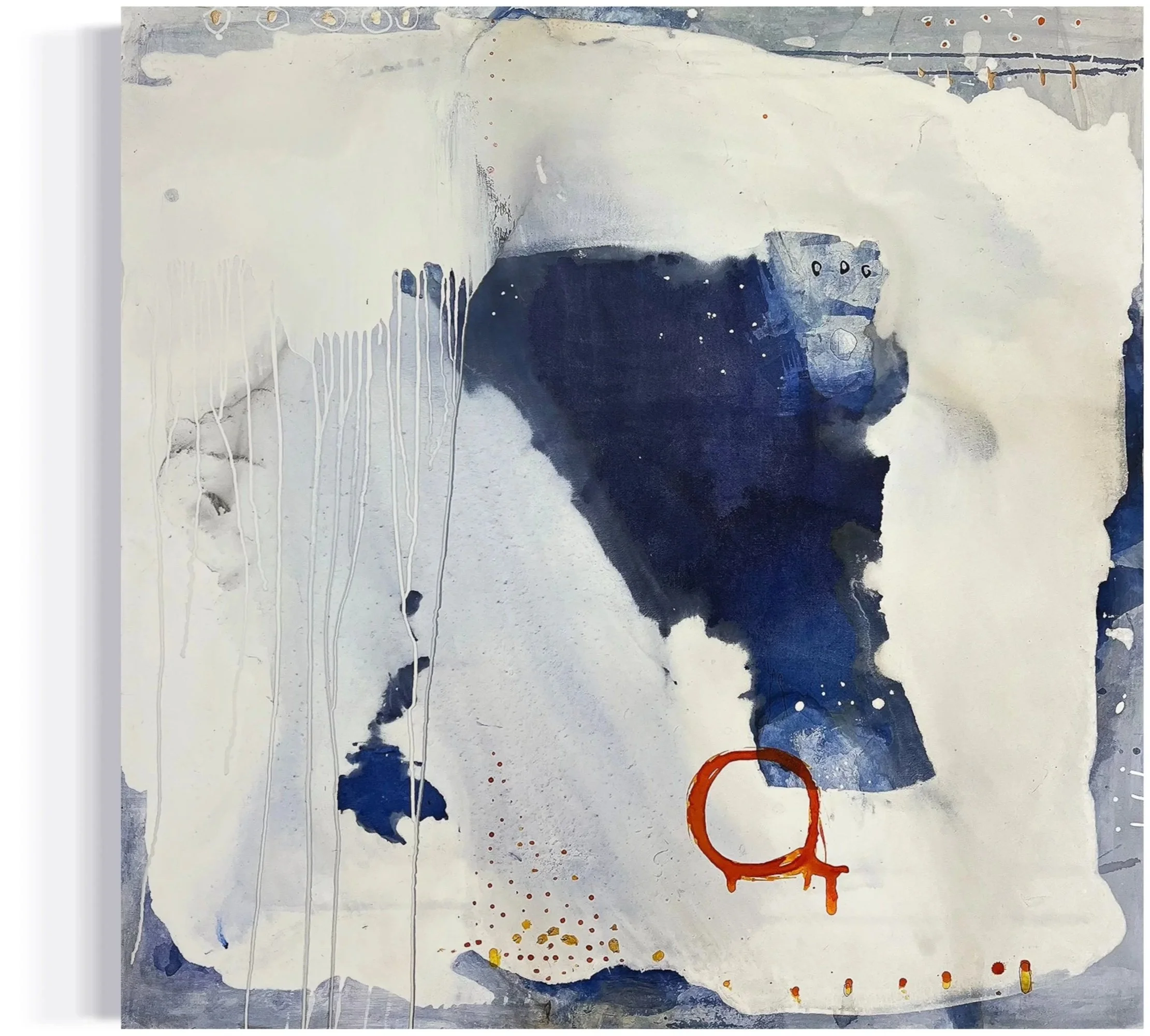 Abstract watercolor painting with splashes of blue, white, and red, with drips and a red circular shape at the bottom.