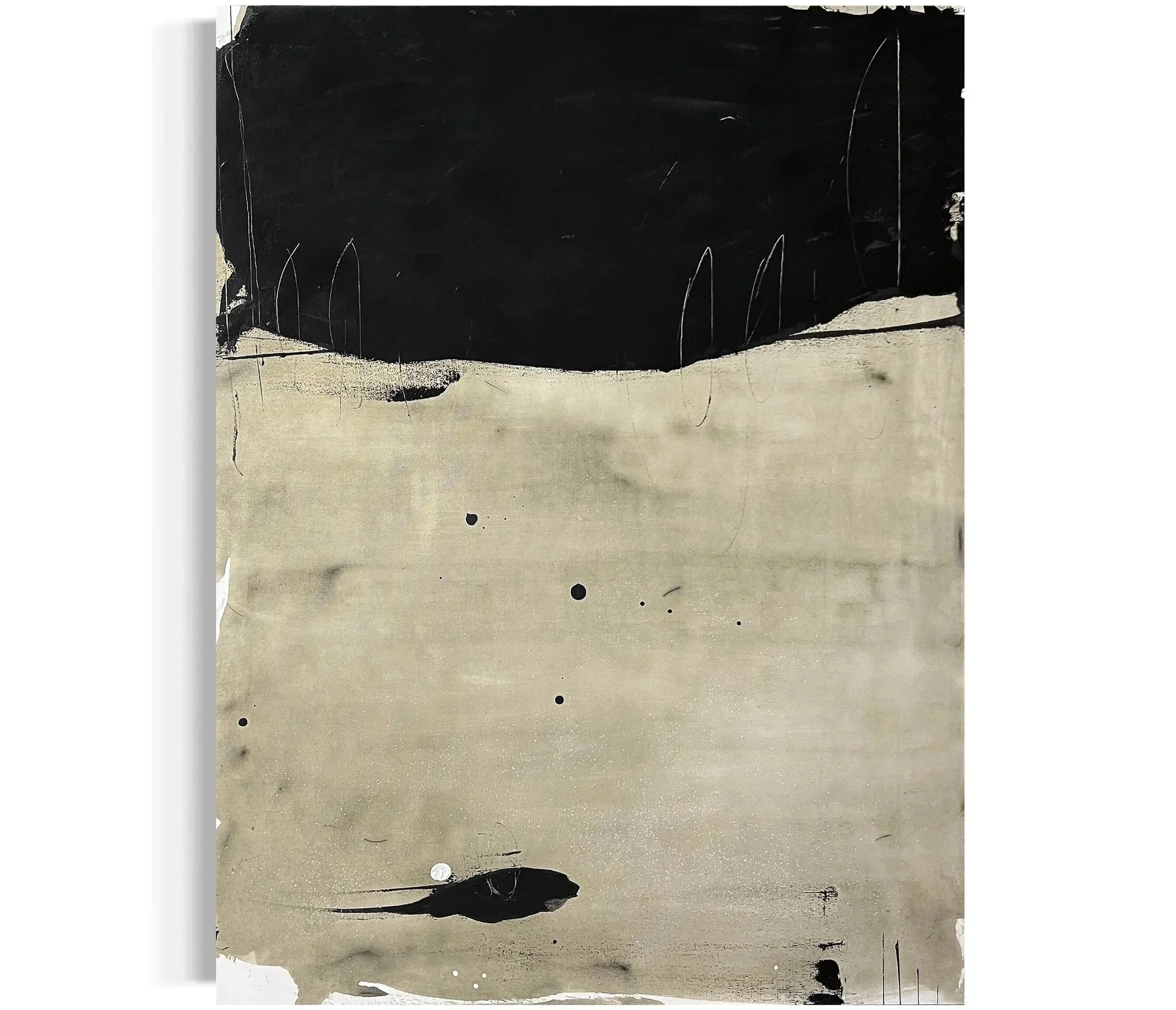 An abstract piece of artwork with a black rectangular shape on top and a beige background with black splatters and streaks.