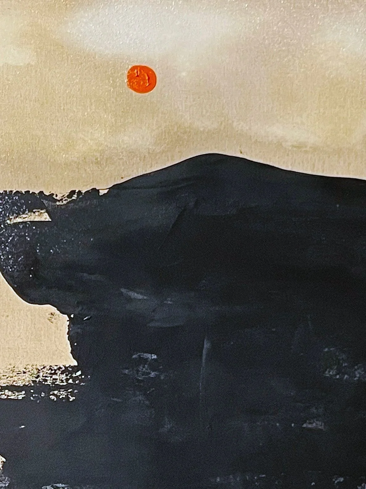 Black dog lying down on the ground at sunset with a red sun in the sky.